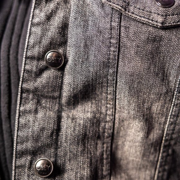OBEY denim jacket / Varsity Bomber / Jean jacket / Vegan Leather/ Sherpa Hoodie - Picture 3 of 5